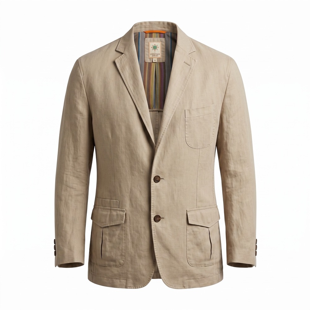 The Territory Ahead Linen Blazer XL Khaki Striped Lining Coastal Safari Casual